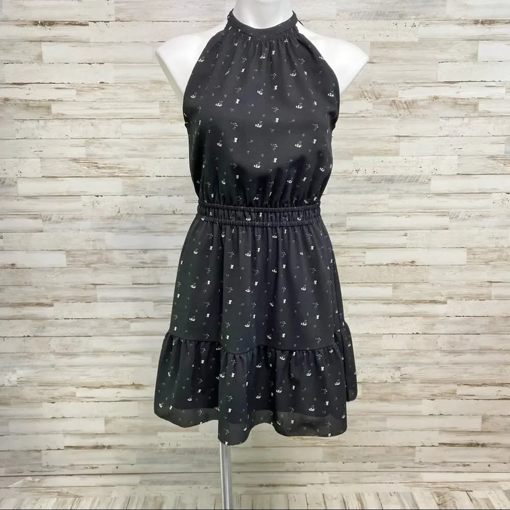 Aritzia Wilfred Effet Halter Floral Dress Womens Size XS Black Split Back Ruffle - Picture 3 of 16